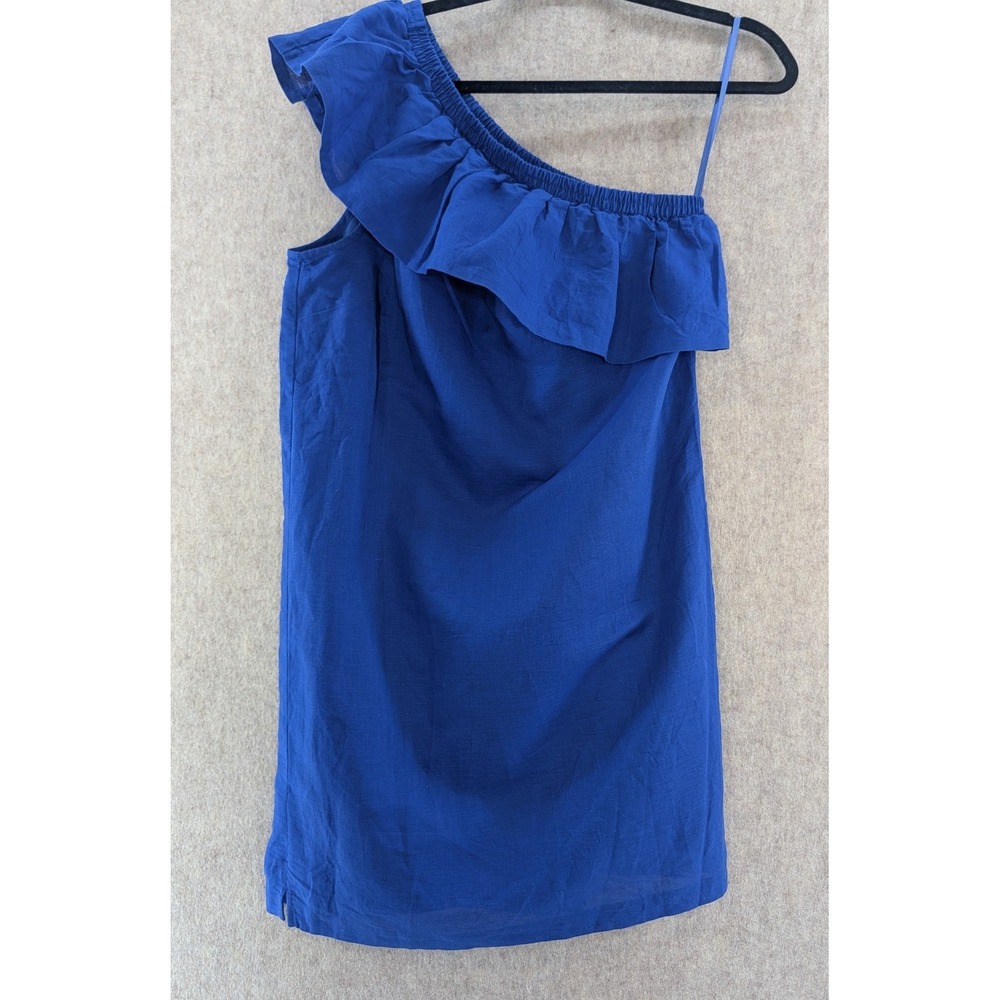 J Crew One Shoulder Ruffle Dress Cobalt Blue Linen Blend Women's Size S